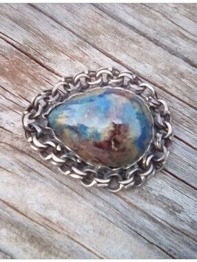 DAVID Brooch Vintage Mexican Sterling Silver Multicolor Cabochon Modernist 1970s